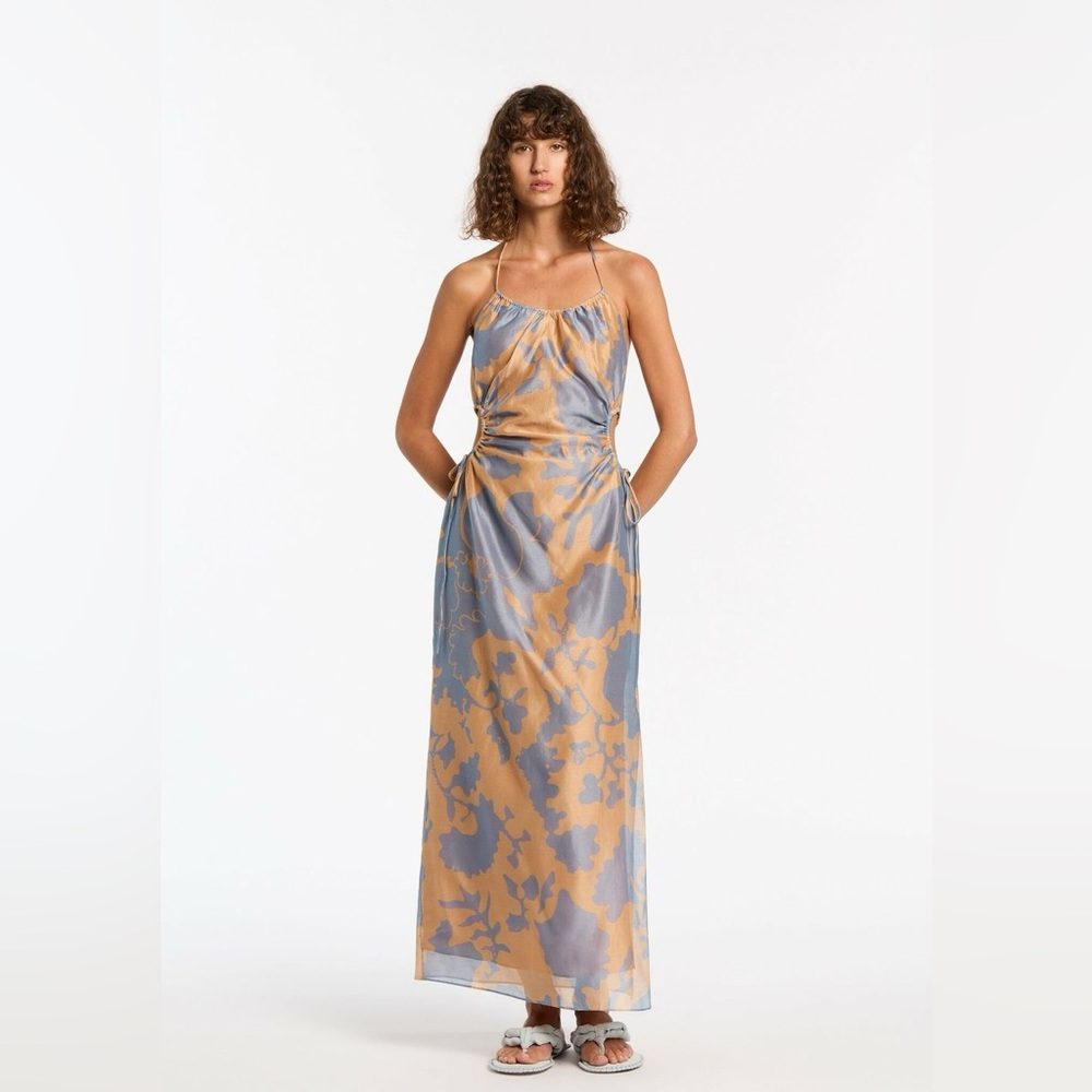 Sir. The Label Coralie Halter Midi Dress in Beige and Blue Floral Print